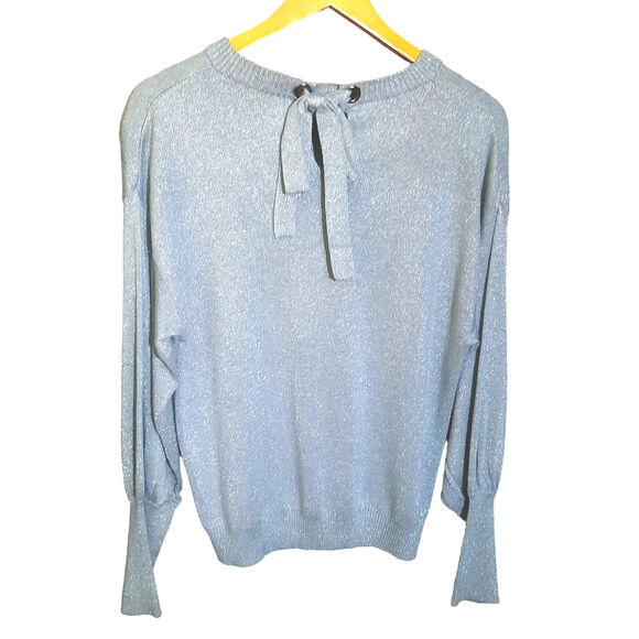 Blue Lemon Womens Silver Bishop Sleeve Keyhole Tie Back Sweater Size M NWT - Picture 2 of 5